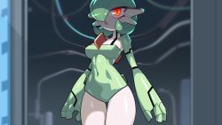 Rule 34 | 1girl, arms at sides, bob cut, breasts, cable, colored skin, covered navel, cowboy shot, creatures (company), drunkoak, female focus, game freak, gardevoir, gen 3 pokemon, green hair, green leotard, green skin, hair over one eye, highres, humanoid robot, indoors, joints, leotard, mechanization, medium breasts, multicolored skin, nintendo, one eye covered, open mouth, pokemon, pokemon (creature), red eyes, robot, robot joints, shiny clothes, shiny skin, short hair, solo, standing, strapless, strapless leotard, thighs, two-tone skin, white skin
