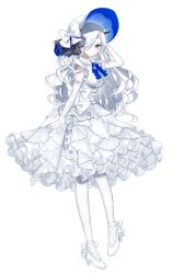 Rule 34 | 1girl, blue eyes, dress, hat, highres, long hair, looking at viewer, original, sakizaki saki-p, simple background, solo, white dress, white hair, white hat