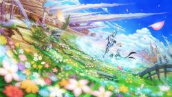 Rule 34 | blonde hair, cloud, day, fairy fencer f, flower, formal, game cg, highres, magic, petals, sherman (fairy fencer f), sky, suit, tsunako, white suit