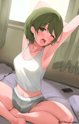 Rule 34 | 1girl, armpits, arms up, bare shoulders, barefoot, blurry, blush, breasts, cellphone, collarbone, curtains, depth of field, dutch angle, earphones, futon, green eyes, green hair, grey shorts, highres, idolmaster, idolmaster shiny colors, indian style, indoors, looking at viewer, medium breasts, midriff peek, morning, nanakusa nichika, navel, one eye closed, open mouth, phone, pillow, pyonsan, shirt, short hair, shorts, sitting, sleeveless, sleeveless shirt, smartphone, solo, teardrop, twitter username, white shirt, window, yawning