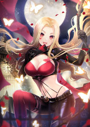 Rule 34 | 1girl, :d, blonde hair, blurry, blurry foreground, breast tattoo, breasts, bug, butterfly, butterfly tattoo, cleavage, clock, clock tower, full moon, heart, highres, hinagisa yaya, hinagisa yaya, insect, large breasts, leather, leather pants, long hair, long sleeves, luis cammy, moon, navel, nijisanji, open mouth, pants, petals, red eyes, red thighhighs, rope, smile, solo, tattoo, thighhighs, tower, virtual youtuber, zipper