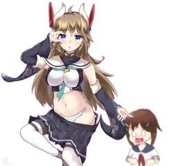 Rule 34 | 2girls, absurdres, animal ears, azur lane, bad id, bad pixiv id, between breasts, black skirt, blue eyes, blush, breast envy, breasts, brown hair, clothes pull, crop top, detached sleeves, furutaka (azur lane), furutaka (kancolle), gloves, hair ornament, hairclip, headgear, highres, historical name connection, kantai collection, large breasts, long hair, long sleeves, looking at another, looking at viewer, miniskirt, multiple girls, mushpz, name connection, navel, open clothes, open skirt, panties, pleated skirt, remodel (azur lane), sailor collar, school uniform, serafuku, short ponytail, skirt, skirt pull, solo focus, standing, standing on one leg, stomach, striped clothes, striped panties, thighhighs, underwear, wardrobe malfunction, white legwear, wide sleeves