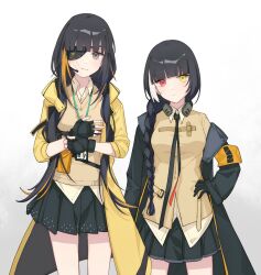 Rule 34 | 2girls, armband, black gloves, black hair, black jacket, black necktie, black skirt, blonde hair, braid, collared shirt, cosplay, costume switch, cowboy shot, eyepatch, fingerless gloves, girls&#039; frontline, gloves, grey eyes, hair over shoulder, hand on own hip, height difference, heterochromia, highres, id card, jacket, lanyard, long hair, looking at viewer, m16a1 (girls&#039; frontline), m16a1 (girls&#039; frontline) (cosplay), mole, mole under eye, multicolored hair, multiple girls, necktie, pleated skirt, red eyes, ro635 (girls&#039; frontline), ro635 (girls&#039; frontline) (cosplay), scar, scar on face, shirt, simple background, single braid, skirt, sweater vest, taiyang ami, twintails, white background, white hair, yellow eyes, yellow jacket, yellow shirt