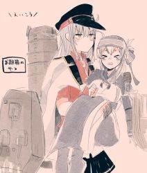 Rule 34 | 2girls, ainu clothes, armor, bad id, bad twitter id, belt, black gloves, blue hair, blush, comic, dress, closed eyes, facial scar, gangut (kancolle), gloves, grey hair, hair between eyes, hair ornament, hairclip, hat, headband, itomugi-kun, jacket, jacket on shoulders, kamoi (kancolle), kantai collection, long hair, military, military hat, military uniform, miniskirt, multicolored hair, multiple girls, naval uniform, open mouth, pantyhose, peaked cap, ponytail, red eyes, red shirt, remodel (kantai collection), scar, scar on cheek, scar on face, shirt, simple background, skirt, translation request, turret, uniform, white hair