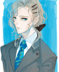 Rule 34 | 10s, 1boy, bad id, bad pixiv id, blue eyes, bow, formal, hair bow, hair ornament, hairclip, kintototo, long hair, male focus, necktie, pale skin, ponytail, silver hair, solo, suit, tiger &amp; bunny, yuri petrov