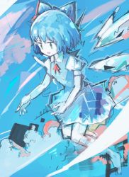 Rule 34 | 1girl, bad id, bad twitter id, bare legs, barefoot, blue bow, blue dress, blue eyes, blue hair, bow, cirno, dress, fairy wings, hair bow, hito (nito563), ice, ice wings, no nose, no symbol, open mouth, pale skin, puffy short sleeves, puffy sleeves, red ribbon, ribbon, short hair, short sleeves, smile, solo, touhou, wings