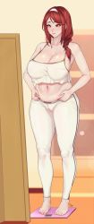 Rule 34 | 1girl, bad id, bad pixiv id, bare shoulders, barefoot, bathroom scale, belly grab, blacked (meme), blush, breasts, brown eyes, brown hair, cameltoe, camisole, cleavage, closed mouth, collarbone, commentary, commission, crop top, crop top overhang, full body, hair between eyes, hair over shoulder, hairband, highres, indoors, large breasts, leggings, long hair, looking at mirror, mature female, meme, midriff, mirror, mole, mole on breast, mole under eye, mole under mouth, navel, navel piercing, original, piercing, pinching, plump, sidelocks, signature, solo, standing, weighing scale, weight conscious, white camisole, white hairband, white leggings, zcune
