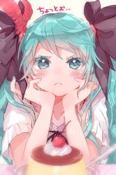 Rule 34 | 1girl, aqua eyes, aqua hair, aqua nails, arm support, bad id, bad twitter id, black bow, bow, cheek rest, cherry, commentary, dress, elbow rest, elbows on table, feather hair ornament, feathers, food, fruit, hair bow, hair ornament, hatsune miku, highres, leaning forward, long hair, looking at viewer, nail polish, pout, pudding, red feathers, solo, spoon, supreme (module), translated, twintails, v-shaped eyebrows, very long hair, vocaloid, whipped cream, white dress, yomigi