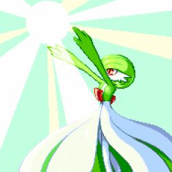 Rule 34 | 1girl, aqua background, arms up, bob cut, colored skin, creatures (company), female focus, flat chest, from side, game freak, gardevoir, gen 3 pokemon, green hair, green skin, light rays, looking up, magic, multicolored skin, nintendo, outstretched arms, pianissim, pixel art, pokemon, pokemon (creature), red eyes, short hair, solo, standing, two-tone skin, white skin