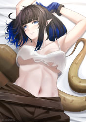 Rule 34 | 1girl, absurdres, arknights, armpits, arms up, bare arms, bare shoulders, bed sheet, black hair, black pants, blue eyes, blue gloves, blue hair, blunt bangs, blush, breasts, camisole, commentary, crop top, english commentary, erlisa takanashi, eunectes (arknights), eunectes (forgemaster) (arknights), female focus, gloves, highres, large breasts, looking at viewer, lying, midriff, multicolored hair, navel, official alternate costume, on back, pants, pointy ears, short hair, snake tail, solo, spaghetti strap, stomach, tail, upper body