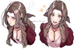 Rule 34 | 1girl, aerith gainsborough, bad id, bad twitter id, braid, breasts, brown hair, cleavage, closed mouth, collarbone, final fantasy, final fantasy vii, final fantasy vii remake, green eyes, highres, jewelry, long hair, multiple views, necklace, open mouth, reckless dog, simple background, sketch, smile, square enix, twitter username, upper body, white background