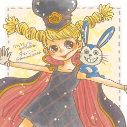 Rule 34 | 1girl, animal, arms up, blunt bangs, child, chimney (one piece), coat, commentary request, dress, gloves, gonbe (one piece), hat, looking to the side, mrnmikannn, on shoulder, one piece, rabbit, smile, twintails, twitter username