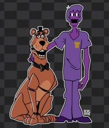 Rule 34 | arm around neck, artist name, black bow, black bowtie, bow, bowtie, checkered background, colored skin, dog, five nights at freddy&#039;s, freddy fazbear, full body, highres, non-humanoid robot, open mouth, percodine, purple hair, purple shirt, purple skin, robot, robot animal, robot dog, scooby-doo, scooby-doo (character), shaggy rogers, shirt, teeth, william afton