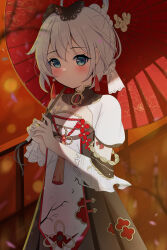 Rule 34 | 1girl, absurdres, black dress, blue eyes, blurry, blurry background, blurry foreground, blush, branch, closed mouth, commentary, depth of field, dress, english commentary, floral print, grey hair, hair between eyes, highres, holding, holding umbrella, honkai (series), honkai impact 3rd, knosdeba, looking at viewer, oil-paper umbrella, petals, print umbrella, railing, red umbrella, short sleeves, solo, theresa apocalypse, umbrella