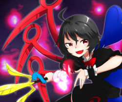 Rule 34 | 1girl, ahoge, asymmetrical wings, black hair, bow, bowtie, cowboy shot, dress, energy ball, fang, holding, houjuu nue, kameyan, open mouth, polearm, red eyes, short hair, snake, solo, thighhighs, touhou, trident, weapon, wings, wrist cuffs