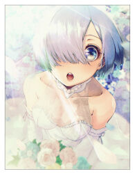 Rule 34 | 1girl, :o, bare shoulders, blue eyes, blue hair, border, bouquet, breasts, cleavage, collarbone, day, dress, elbow gloves, falling petals, film grain, flower, from above, gloves, hair over one eye, highres, holding, holding bouquet, jewelry, looking at viewer, medium breasts, necklace, open mouth, pearl necklace, petals, psyto qy2, re:zero kara hajimeru isekai seikatsu, red lips, rem (re:zero), rose, see-through, short hair, solo, strapless, strapless dress, sunlight, teeth, upper body, upper teeth only, wedding dress, white border, white dress, white flower, white gloves, white rose