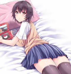 Rule 34 | 1girl, :o, amane hasuhito, bad id, bad pixiv id, black hair, black thighhighs, blue skirt, blush, breasts, brown eyes, gamers!, handheld game console, hoshinomori chiaki, large breasts, looking at viewer, lying, nintendo 3ds, on bed, on stomach, original, parted lips, pillow, school uniform, short hair, short sleeves, skirt, solo, sweater vest, thighhighs