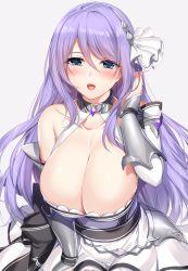 Rule 34 | 1girl, :d, arm at side, bare shoulders, black ribbon, blue eyes, blush, breasts, cleavage, collarbone, detached sleeves, dress, gauntlets, grey background, hair between eyes, hair ornament, halterneck, hand in own hair, hand up, kantai collection, large breasts, minamon (vittel221), open mouth, princess connect!, purple hair, ribbon, shizuru (princess connect!), simple background, smile, solo, white dress