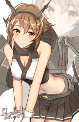 Rule 34 | 1girl, bad id, bad pixiv id, bare shoulders, black skirt, blush, breasts, brown eyes, brown hair, cleavage, closed mouth, collar, dated, flipped hair, gloves, hair between eyes, headgear, kantai collection, leaning forward, looking at viewer, medium breasts, miniskirt, mutsu (kancolle), navel, pallad, pleated skirt, rigging, short hair, skirt, smile, smokestack, solo, striped clothes, striped skirt, turret, twitter username, white background, white gloves, zoom layer