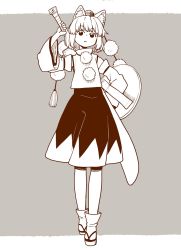 Rule 34 | 1girl, animal ear fluff, animal ears, brown theme, detached sleeves, full body, grey background, hand on own hip, hat, holding, holding shield, holding sword, holding weapon, inubashiri momiji, long sleeves, looking at viewer, monochrome, parted lips, poronegi, sandals, shield, short hair, skirt, solo, standing, sword, tabi, tokin hat, touhou, weapon, wide sleeves, wolf ears