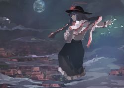 Rule 34 | 1girl, architecture, building, cloud, dress, earth (planet), east asian architecture, electricity, ichiba youichi, nagae iku, outstretched arm, purple hair, red eyes, shawl, solo, touhou