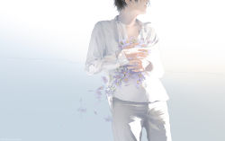 Rule 34 | 1boy, black hair, collared shirt, flower, gradient background, male focus, original, pants, parted lips, plant, re degrees (red flagship), shirt, solo, unbuttoned, white background, white pants, white shirt