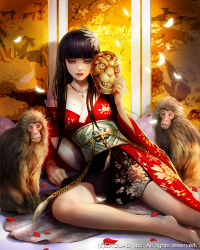 Rule 34 | 1girl, barefoot, black hair, blunt bangs, dragon&#039;s shadow, female focus, hair ornament, japanese clothes, jewelry, kei1115, kimono, lipstick, long hair, looking at viewer, makeup, mask, unworn mask, monkey, necklace, official art, orange eyes, petals, pillow, red lips, sitting, solo, watermark