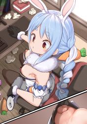 Rule 34 | 1girl, accidental exposure, animal ear fluff, animal ears, armpit crease, black gloves, black leotard, black pantyhose, blue hair, blush, braid, breasts, carrot hair ornament, chair, close-up, closed mouth, commentary request, computer, don-chan (usada pekora), downblouse, food-themed hair ornament, from above, full body, fur-trimmed gloves, fur scarf, fur trim, gloves, hair ornament, highres, hololive, indoors, lemon snail, leotard, long hair, looking down, minecraft, multicolored hair, nipple slip, nipples, no bra, orange eyes, paid reward available, pantyhose, puffy nipples, rabbit-shaped pupils, rabbit ears, rabbit girl, rabbit tail, scarf, short eyebrows, sitting, small breasts, solo, strapless, strapless leotard, symbol-shaped pupils, tail, thick eyebrows, translation request, twin braids, twintails, two-tone hair, usada pekora, usada pekora (1st costume), used tissue, virtual youtuber, white hair, white scarf, window