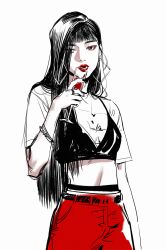 Rule 34 | 1girl, black bra, black hair, black nails, blunt bangs, bra, bracelet, champagne flute, commentary, cowboy shot, crop top, cup, drinking glass, earrings, english commentary, eyeshadow, highres, holding, holding cup, jewelry, k-pop, long hair, looking at viewer, makeup, ngop, pants, real life, red eyeshadow, red lips, red pants, red velvet (group), seulgi (red velvet), simple background, solo, underwear