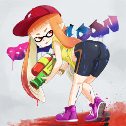 Rule 34 | 1girl, ass, bent over, bike shorts, brown eyes, brown hair, from behind, hat, inkling, inkling girl, inkling player character, long hair, looking back, midriff, monster girl, nintendo, paint, pointy ears, shirt, shoes, smile, sneakers, solo, splatoon (series), splatoon 1, splattershot (splatoon), t-shirt, tentacle hair, tongue, water gun