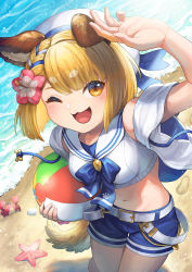 Rule 34 | 1girl, :3, animal ears, ball, beach, beachball, belt, blonde hair, blue shorts, blush, braid, breasts, crab, crop top, day, dog ears, dog girl, dog tail, flower, footprints, granblue fantasy, hair flower, hair ornament, hand up, hat, highres, holding, holding ball, looking at viewer, medium breasts, midriff, navel, one eye closed, open mouth, orange eyes, outdoors, sailor collar, sand, shading eyes, shirt, short sleeves, shorts, single braid, sleeveless, sleeveless shirt, solo, starfish, sunlight, tail, thick eyebrows, vajra (granblue fantasy), vajra (summer) (granblue fantasy), water, white hat, white shirt, yuiko (yuiyuiko 108)