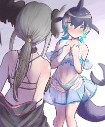 Rule 34 | 2girls, animal ears, bald eagle (kemono friends), bikini under skirt, bird girl, bird wings, black hair, blonde hair, blowhole, blue hair, blush, cetacean tail, common dolphin (kemono friends), dolphin girl, dorsal fin, fins, fish tail, gm (ggommu), head fins, head wings, highres, kemono friends, kemono friends 3, long hair, multicolored hair, multiple girls, short hair, tail, white hair, wings