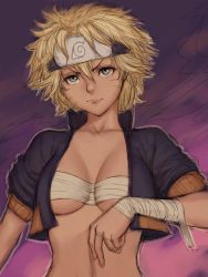 Rule 34 | 1girl, bandages, black jacket, blonde hair, blue eyes, breasts, breasts apart, budget sarashi, chest wrap, closed mouth, collarbone, facial mark, facing viewer, forehead protector, fumio (rsqkr), genderswap, genderswap (mtf), gradient background, hair between eyes, hand up, happy, headband, impossible clothes, jacket, konohagakure symbol, looking at viewer, medium breasts, messy hair, multicolored clothes, multicolored jacket, naruko (naruto), naruto, naruto (series), ninja, no bra, open clothes, open jacket, open shirt, orange jacket, purple background, sarashi, shirt, short hair, short sleeves, smile, smirk, solo, spiked hair, upper body, uzumaki naruto, whisker markings, whiskers