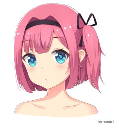 Rule 34 | 1girl, :/, artist name, bare shoulders, black ribbon, blue eyes, blunt bangs, blush, closed mouth, collarbone, expressionless, hair intakes, hair ribbon, looking at viewer, mochizuki momiji, new game!, one side up, pink hair, portrait, ribbon, rumaki, simple background, solo, tareme, upper body, white background