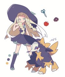 Rule 34 | 1girl, alternate color, apple, artist name, auko, bare shoulders, black dress, black hat, black socks, blonde hair, blue footwear, bow, braid, clothed pokemon, color guide, creatures (company), doughnut, dress, female focus, flat chest, food, fruit, full body, furfrou, furfrou (debutante), game freak, gen 6 pokemon, green eyes, half-closed eyes, hand up, hat, hat bow, highres, kneehighs, legs apart, lillie (pokemon), long hair, looking to the side, nintendo, open mouth, pokemon, pokemon (creature), pokemon sm, red eyes, scissors, see-through, shiny pokemon, shoes, signature, simple background, sleeveless, sleeveless dress, socks, standing, sun hat, twin braids, white background, yellow bow