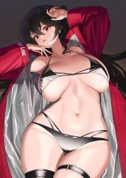 Rule 34 | 1girl, azur lane, bare shoulders, bikini, black bikini, black choker, black hair, black thighhighs, blush, breasts, choker, cleavage, collarbone, crossed bangs, eyewear on head, gooak, highres, jacket, large breasts, long hair, looking at viewer, lying, multi-strapped bikini bottom, multi-strapped bikini top, navel, official alternate costume, on back, one side up, open clothes, open jacket, parted lips, red eyes, red jacket, smile, sunglasses, swimsuit, taihou (azur lane), taihou (enraptured companion) (azur lane), thigh strap, thighhighs, thighs