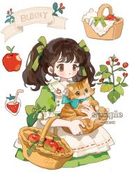 Rule 34 | 1girl, animal, animal collar, apple, apple pin, apron, aqua bow, aqua bowtie, aqua collar, banner, basket, blunt bangs, blush stickers, bow, bowtie, brown eyes, brown hair, bud, buttons, cat, closed mouth, clothes pin, collar, collared dress, commentary, commission, dress, drinking straw, english commentary, english text, eyelashes, eyeshadow, fingernails, food, frilled collar, frilled sleeves, frills, frown, fruit, glass, green bow, green dress, green ribbon, hair bow, holding, holding animal, holding cat, lace-trimmed apron, lace trim, leaf, long hair, looking ahead, makeup, original, pink eyeshadow, plant, puffy short sleeves, puffy sleeves, putong xiao gou, rabbit, ribbon, ribbon-trimmed apron, ribbon trim, sample watermark, short sleeves, sleeve ribbon, solo, strawberry, twintails, upper body, vest, vines, waist apron, watermark, weibo watermark, white apron, white background, white collar, white vest