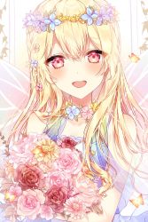 Rule 34 | 1girl, :d, bang dream!, blonde hair, blue dress, blush, bouquet, breasts, bug, butterfly, choker, dress, female focus, flower, hair between eyes, hair flower, hair ornament, hair ribbon, head tilt, highres, holding, holding bouquet, insect, long hair, looking at viewer, open mouth, pink eyes, plant, ribbon, see-through, shirasagi chisato, sidelocks, small breasts, smile, solo, taya oco, upper body, wings, wreath