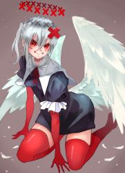 Rule 34 | 1girl, absurdres, angel, angel wings, closed mouth, elbow gloves, feathered wings, feathers, frills, gloves, green hair, hair between eyes, hair ornament, halo, haru torimaru, highres, kneeling, medium hair, original, puffy sleeves, red eyes, red fur, red gloves, red legwear, red neckwear, red ribbon, ribbon, smile, stitched mouth, stitches, white feathers, wings, x, x hair ornament