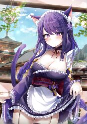 Rule 34 | 1girl, absurdres, adapted costume, alternate costume, animal ears, apron, architecture, black choker, black garter straps, black thighhighs, blue sky, blush, braid, breasts, building, cat ears, cat girl, cat tail, choker, cleavage, closed mouth, cloud, cowboy shot, dress, east asian architecture, enmaided, flower, frilled apron, frilled choker, frilled hairband, frilled sleeves, frills, frown, garter straps, genshin impact, hair flower, hair ornament, hairband, highres, indoors, japanese clothes, kemonomimi mode, long hair, long sleeves, looking at viewer, low-braided long hair, low-tied long hair, maid, maid apron, maid headdress, medium breasts, mole, mole under eye, plant, potted plant, purple dress, purple eyes, purple flower, purple hair, purple tail, raiden shogun, raised eyebrows, red sash, ryunbi, sash, sidelocks, single braid, skirt hold, sky, solo, swept bangs, tail, tail raised, thighhighs, very long hair, vision (genshin impact), wa maid, waist apron, white hairband, wide sleeves, window