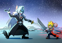 Rule 34 | animal ears, aqua eyes, armor, baggy pants, black footwear, black gloves, black jacket, black pants, blonde hair, blue pants, blue shirt, boots, buster sword, cat ears, chest strap, cloud strife, cloud strife (cosplay), cosplay, eilinna, fighting stance, final fantasy, final fantasy vii, final fantasy vii remake, full body, gloves, grey hair, holding, holding sword, holding weapon, jacket, jerry (tom and jerry), kemonomimi mode, long bangs, long hair, long jacket, long sleeves, looking at another, masamune (ff7), mouse, mouse ears, open mouth, pants, parted bangs, sephiroth, sephiroth (cosplay), shirt, short hair, shoulder armor, sky, sleeveless, sleeveless turtleneck, smile, space, spiked hair, star (sky), starry sky, sword, tom (tom and jerry), tom and jerry, turtleneck, weapon, whiskers