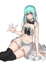 Rule 34 | 1girl, absurdres, arm support, black bow, black bowtie, black bra, black thighhighs, blue hair, bow, bowtie, bra, breasts, cleavage, closed mouth, dungeon and fighter, fingernails, highres, legs together, long hair, looking at viewer, midriff, motion lines, navel, pleated skirt, purple eyes, rktlek159, simple background, sitting, skirt, smile, solo, thighhighs, underwear, waving, white background, white skirt, yokozuwari
