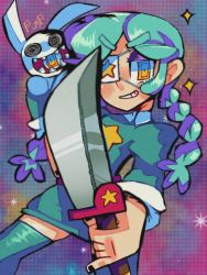 Rule 34 | annie (skullgirls), black nails, boots, braid, cowboy shot, eyepatch, green hair, grid background, high collar, holding, holding weapon, nail polish, sagan (skullgirls), skullgirls, smile, space, sparkle, sword, thigh boots, thighhighs, twin braids, weapon, yellow eyes