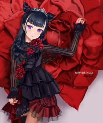 Rule 34 | 1girl, artist name, artist request, bare legs, black dress, black nails, black skirt, blue hair, blush, butterfly wings, collared dress, double bun, dress, earrings, female focus, flower earrings, frilled dress, frills, guilty kiss (love live!), hair bun, hair ribbon, highres, insect wings, jewelry, jyon, long hair, looking at viewer, love live!, love live! sunshine!!, nail polish, nails, necklace, new romantic sailors, outstretched arms, parted lips, purple eyes, red skirt, ribbon, skirt, smile, solo, sparkle print, striped clothes, striped dress, tiara, tsushima yoshiko, wings