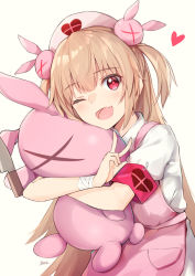 Rule 34 | 1girl, absurdres, apron, bee doushi, blush, commentary request, fang, hair ornament, hat, heart, highres, hugging doll, hugging object, light brown hair, long hair, looking at viewer, natori sana, nurse cap, open mouth, pink apron, pink hat, puffy short sleeves, puffy sleeves, rabbit hair ornament, red eyes, sana channel, shirt, short sleeves, simple background, skin fang, smile, solo, stuffed animal, stuffed rabbit, stuffed toy, translation request, two side up, v, virtual youtuber, white background, white shirt