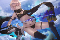 Rule 34 | 1girl, ahoge, aito, bare shoulders, bikini, black bikini, black bow, black gloves, black scarf, blonde hair, bow, breasts, cleavage, commentary request, energy, fate/grand order, fate (series), gloves, hair between eyes, hair bow, highres, holding, holding sword, holding weapon, katana, looking at viewer, navel, okita j. souji (fate), okita j. souji (first ascension) (fate), okita souji (fate), okita souji (koha-ace), scarf, short hair, single glove, smile, solo, swimsuit, sword, weapon, yellow eyes