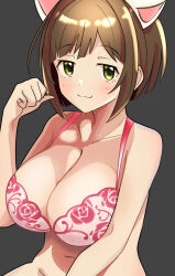 Rule 34 | 1girl, :3, absurdres, animal ears, bare shoulders, blush, bra, breasts, brown hair, cat ears, cleavage, clenched hand, closed mouth, collarbone, dot nose, fake animal ears, floral print, flower, green eyes, grey background, hand up, highres, idolmaster, idolmaster cinderella girls, idolmaster cinderella girls starlight stage, large breasts, looking at viewer, maekawa miku, midriff, mitche, navel, no panties, pink flower, pink rose, print bra, rose, rose print, short hair, simple background, smile, solo, underwear, upper body