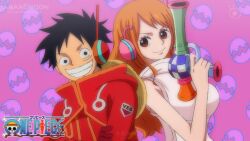 Rule 34 | 1boy, 1girl, amanomoon, back-to-back, black hair, breasts, dr. vegapunk, friends, grin, gun, highres, holding, holding gun, holding weapon, large breasts, long hair, looking at another, monkey d. luffy, monkey d. luffy (egghead), nami (one piece), nami (one piece) (egghead), one piece, orange hair, smile, standing, weapon