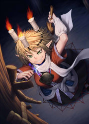 Rule 34 | 1girl, arm warmers, blonde hair, candle, commentary, evil grin, evil smile, green eyes, grin, h kasei, hammer, mizuhashi parsee, nail, pointy ears, sash, scarf, shirt, short sleeves, skirt, smile, solo, straw doll, touhou, ushi no koku mairi, voodoo doll