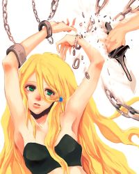 Rule 34 | 1990s (style), 1girl, armpits, arms up, bdsm, blonde hair, celes chere, chain, final fantasy, final fantasy vi, flaba-trip, green eyes, knife, long hair, male hand, strapless, tube top, white background